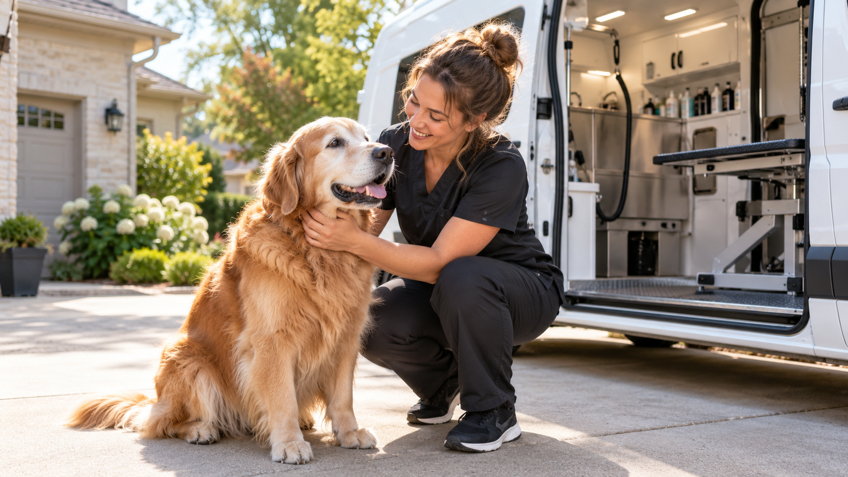 A groomer welcoming a dog outside the mobile grooming van