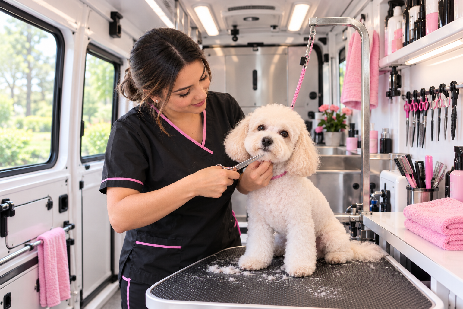 A relaxed dog enjoying a gentle bath in a grooming van