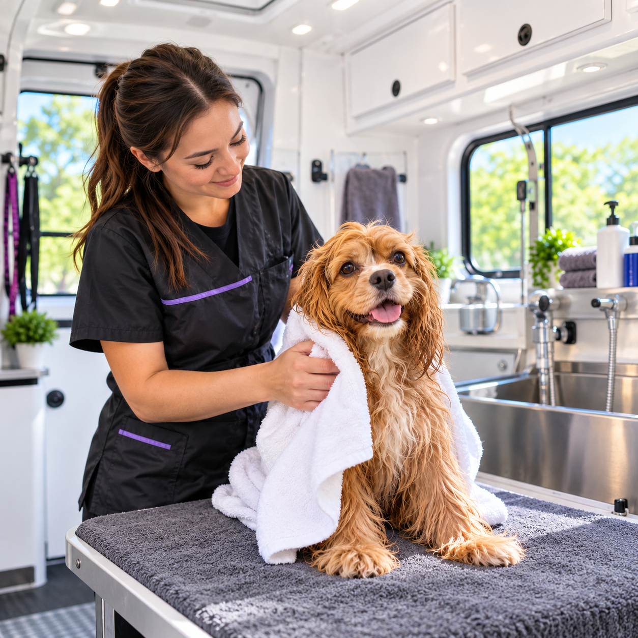 A spaniel wrapped in a towel after a gentle bath