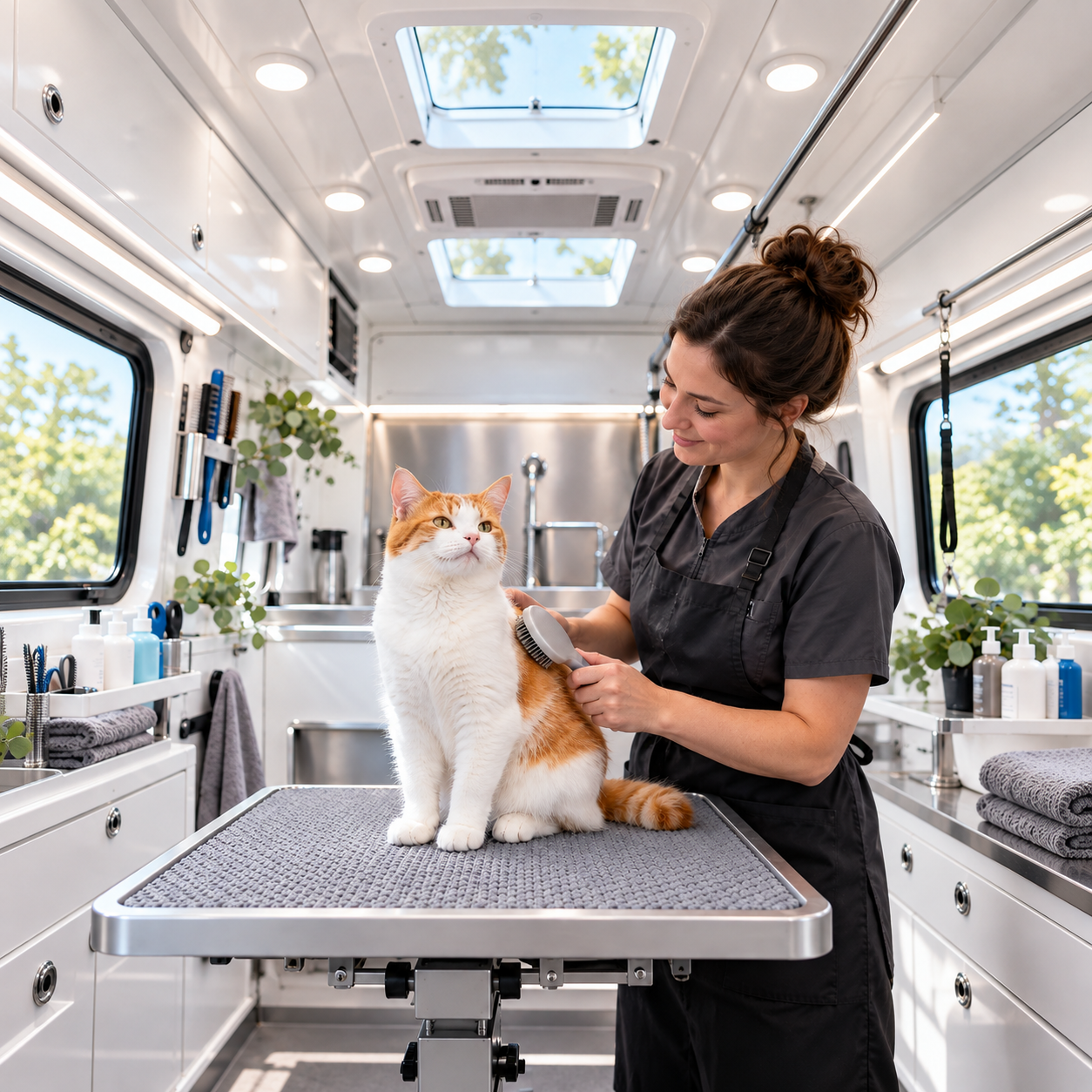 A white and orange cat receiving a gentle coat brushing