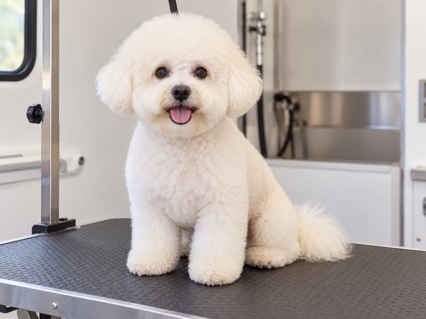 A freshly groomed cream bichon on the grooming table