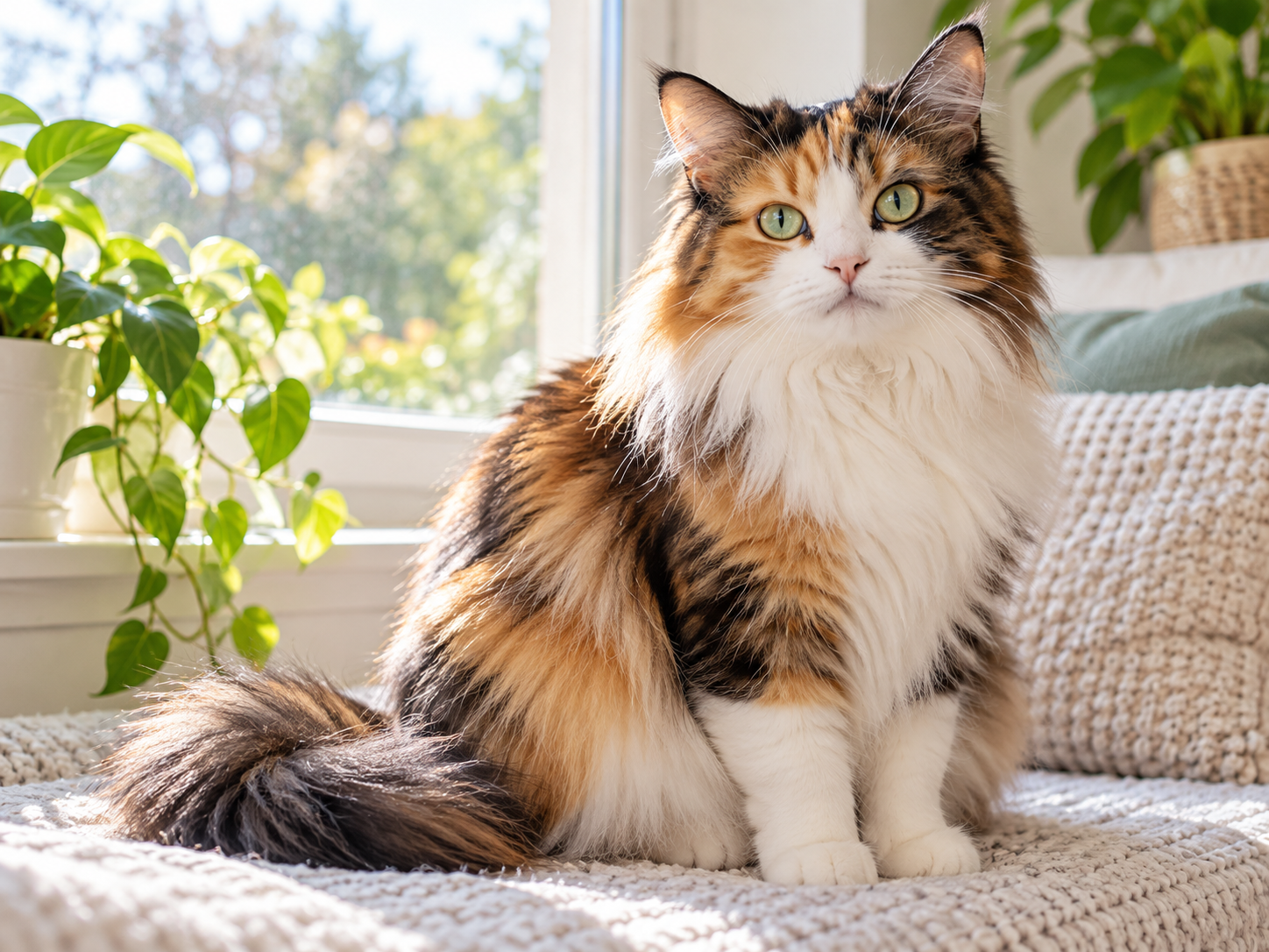 A calico cat with a freshly brushed coat beside a bright window