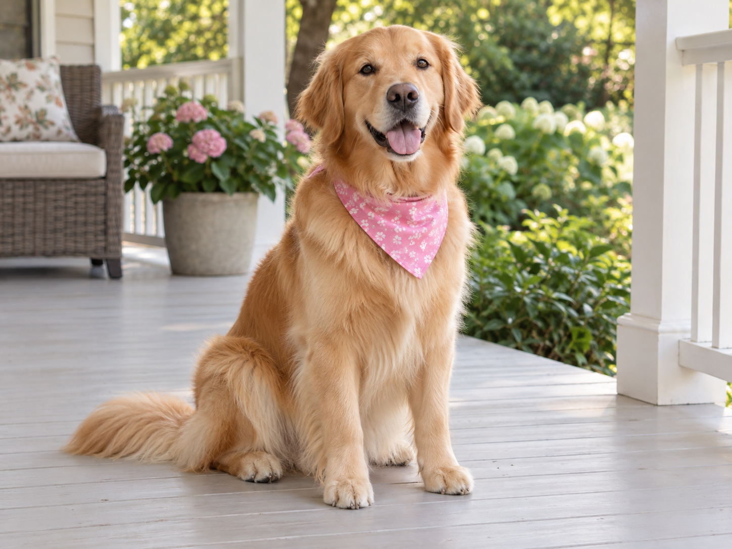 A golden retriever with a pink bandana relaxing on a porch
