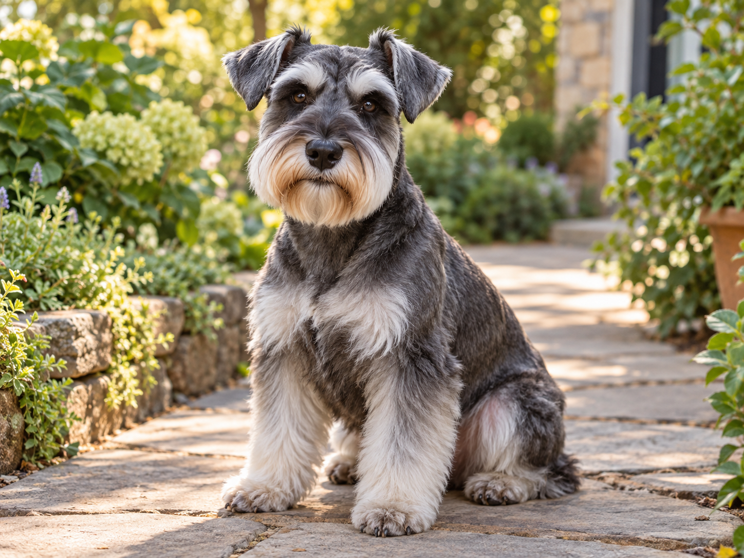 A freshly groomed schnauzer sitting in a sunny garden
