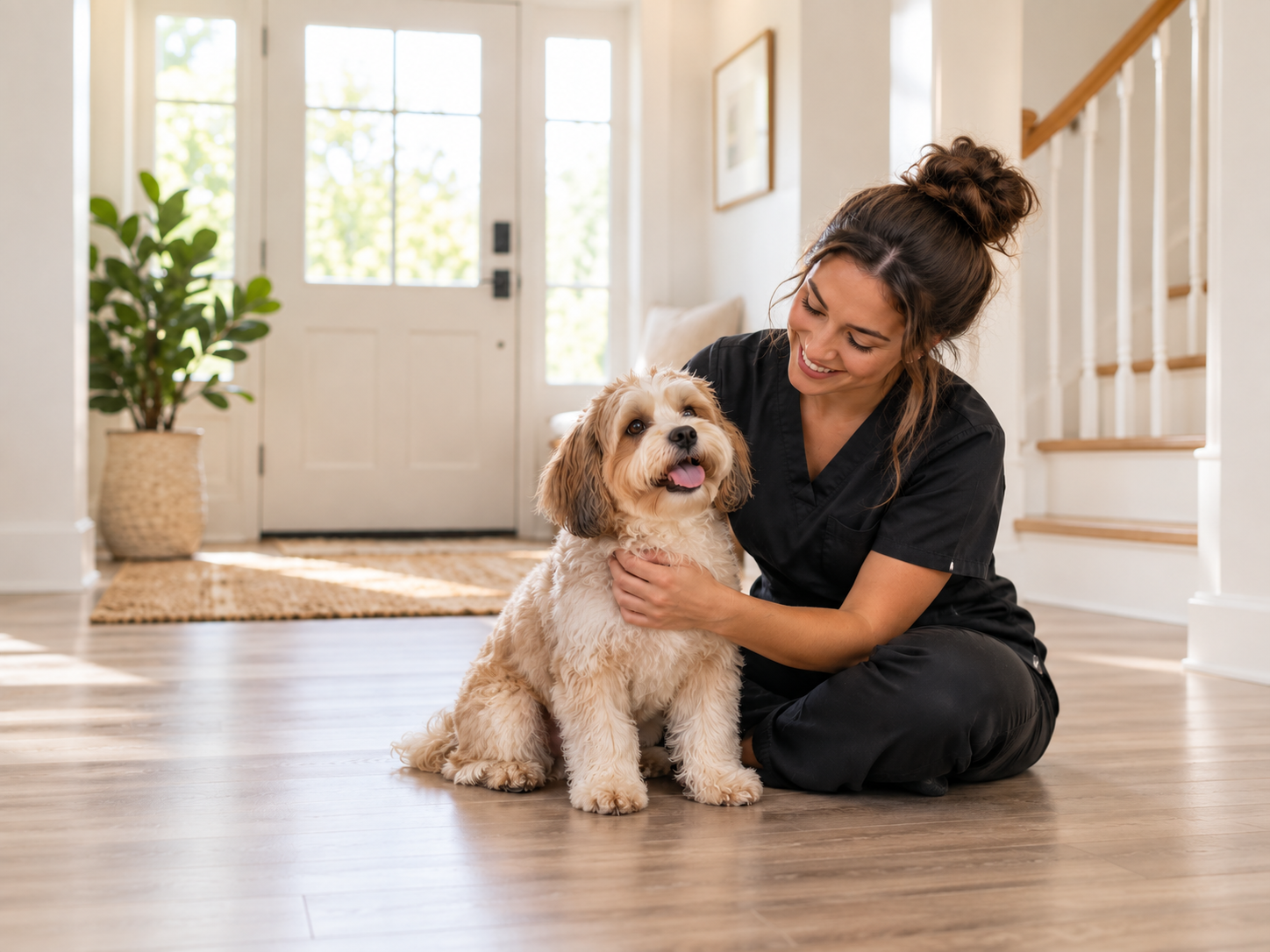A groomer giving a freshly brushed dog gentle one-on-one attention at home