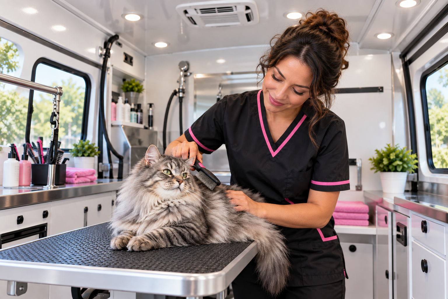 A fluffy gray cat receiving gentle grooming in a mobile salon