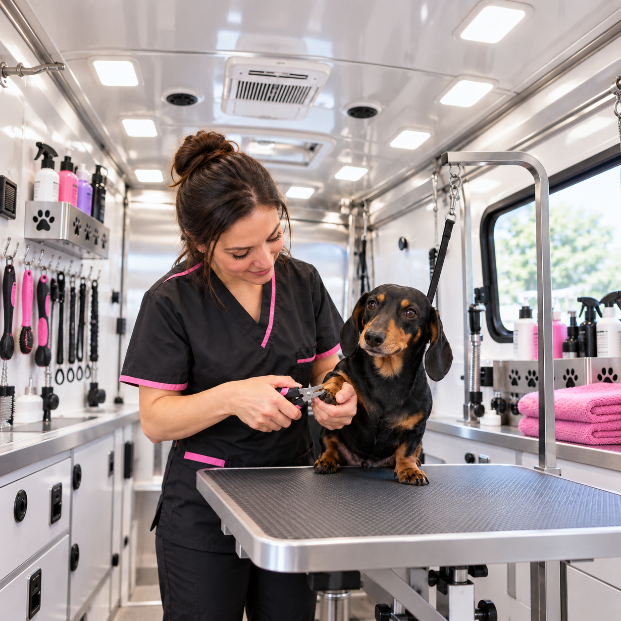 A groomer carefully trimming a dachshund’s nails