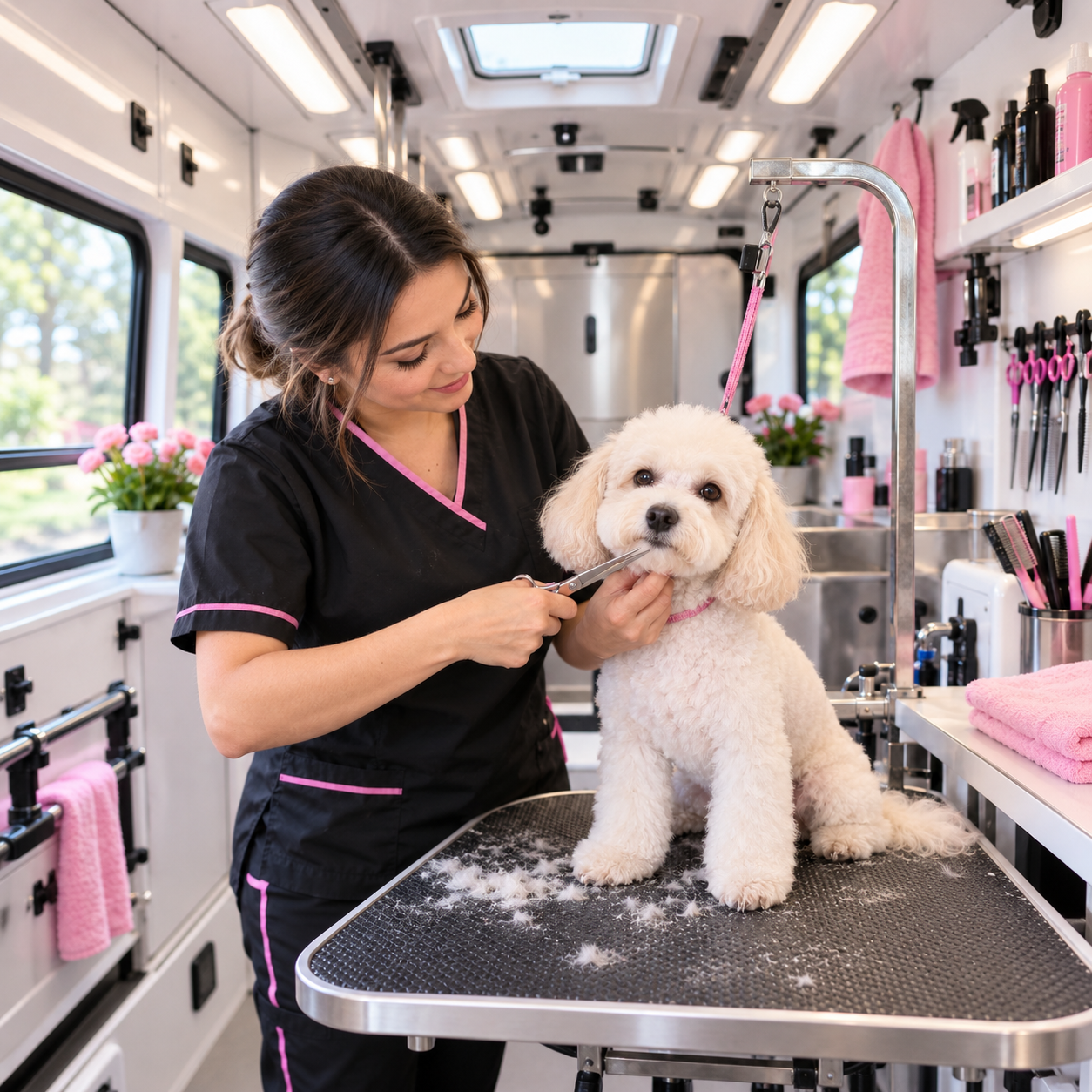 A freshly trimmed white poodle on the grooming table