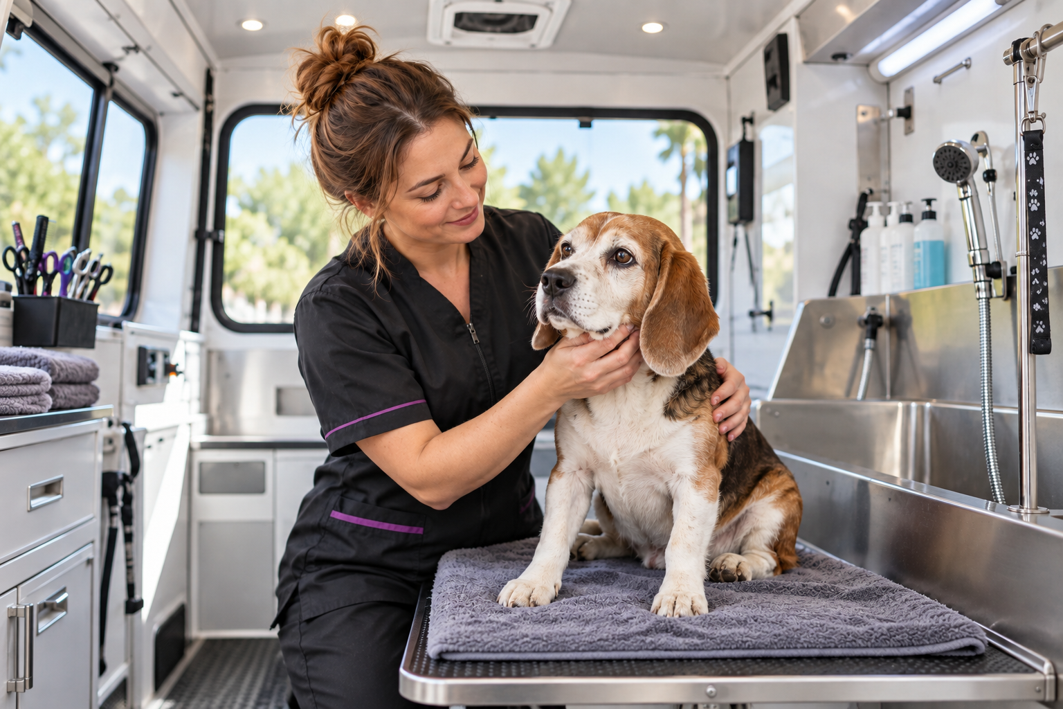 A groomer calmly comforting a senior beagle before its bath