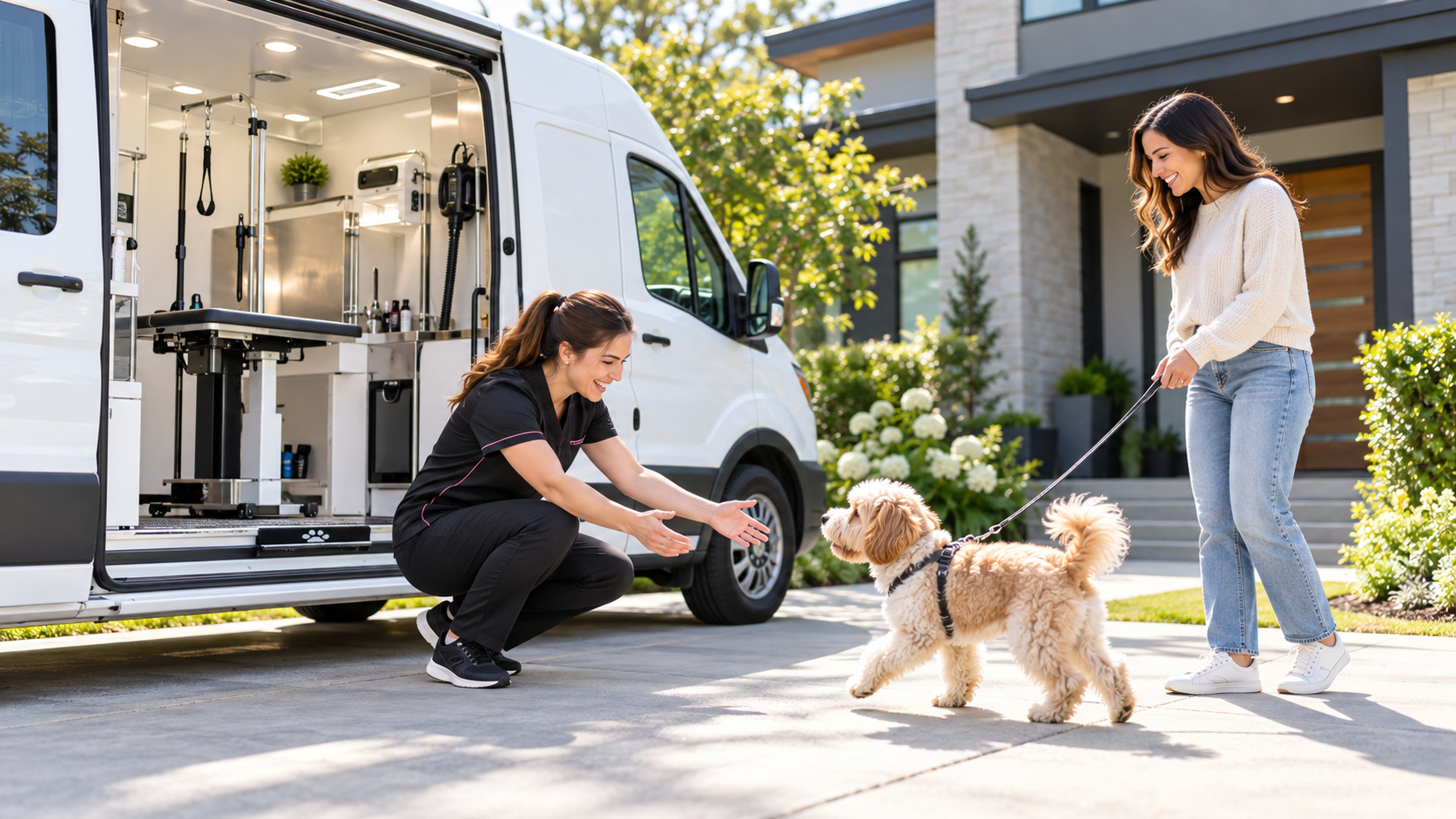 A groomer and owner meeting at home beside the mobile grooming van