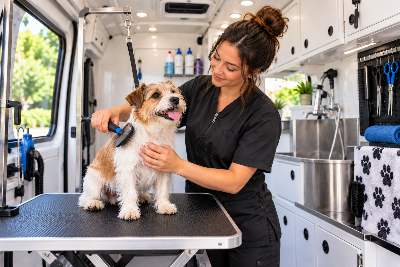 A groomer giving one dog focused, gentle attention